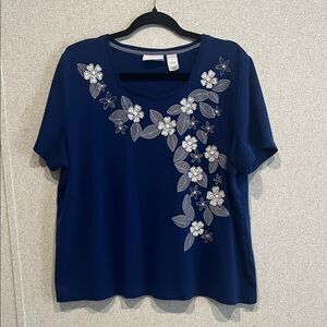 Alfred Dunner Navy Floral Embroidered Top